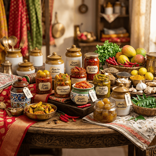 Assortment of traditional Indian pickles and preserves in earthen jars, sun-aged with whole spices